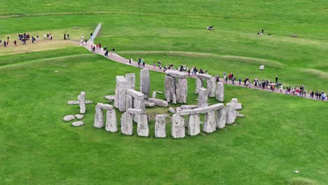 Aerial-View-of-Stonehenge,-Historic-Landmark-of-England-UK,-Tourist-Visiting-Prehistoric-Stone-Structure
