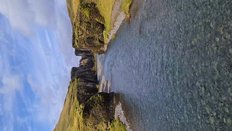 Vertical-4k-Video,-Fjadrargljufur-Canyon,-Scenic-Natural-Landmark-of-Iceland-on-Sunny-Summer-Day