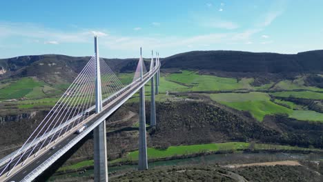 Millau-Viaduct-Road-Bridge-over-Tarn-River-in-Aveyron,-France---Aerial-4k