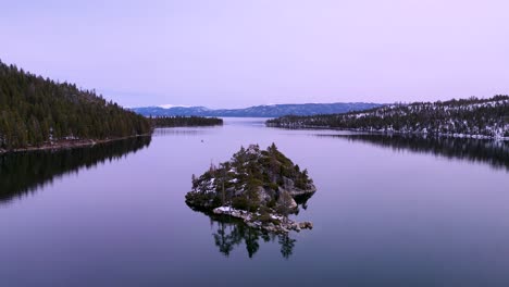 Aerial-view-of-Fannette-Island-with-reflection,-Lake-Tahoe,-Emerald-Bay,-California