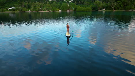 A-Female-Tourist-Stand-up-Paddle-Boarding-On-Stunning-Moso-Island,-North-Efate,-Vanuatu