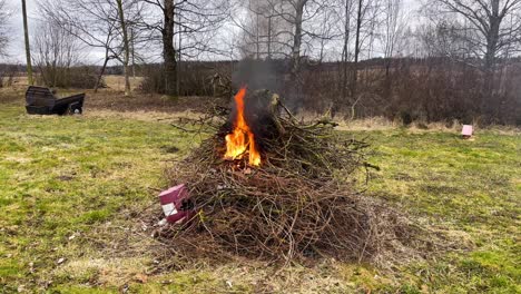 Pequeño-Fuego-Quemando-Basura-De-La-Casa,-Vieja-Rama-De-árbol,-Ramita-De-Planta-Trepadora-Con-Humo