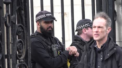 Bewaffnete-Polizisten-Stehen-Wache-Entlang-Der-Whitehall-In-London,-Großbritannien