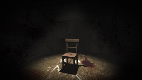 High-quality,-slow-rising-shot-of-a-sinister-interrogation-torture-chamber,-with-dark-creepy-grungy-walls,-blood-on-the-floor-and-a-single-chair-in-a-spotlight,-with-a-pair-of-bloody-pliers