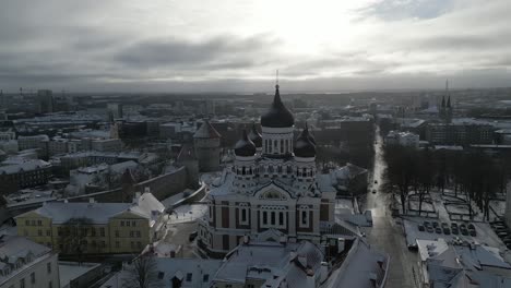Aerial-view-of-the-churches-in-the-Old-Town-of-Tallinn,-Estonia-in-winter