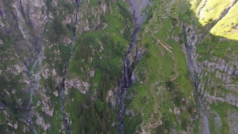 Vibrante-Toma-De-La-Cascada-Valea-Rea-Cayendo-En-Cascada-En-Las-Montañas-Fagaras-Al-Amanecer,-Exuberante-Vegetación-Rodea