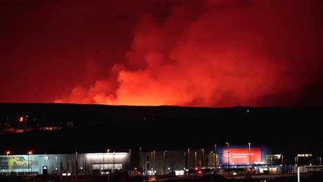 Volcano-Eruption-with-rising-smoke-behind-Shopping-mall-in-Iceland