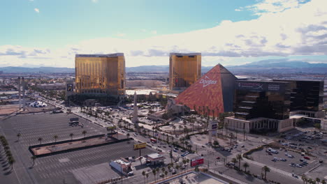 Las-Vegas-USA,-Aerial-View-of-Luxor,-Mandalay-Bay-and-Delano-Hotel-Resort-Casino-Buildings