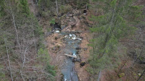 Descripción-Aérea-Establece-Un-Fino-Puente-De-Madera-Que-Cruza-El-Río-En-Un-Bosque-Sin-Hojas-Hasta-Una-Pradera