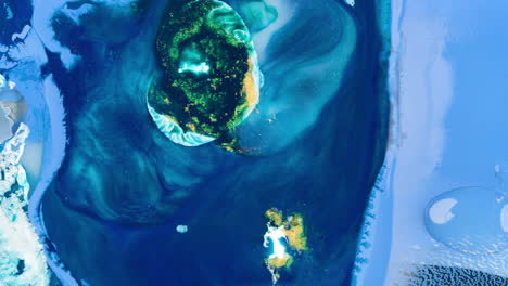 Abstrakte-Blaue-Ozean-Dunkle-Tinte-Ausbreitung-Spritzt-Aus-Der-Mitte-Mit-Goldenen-Grünen-Zentren