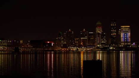 Horizonte-De-Louisville,-Kentucky-Con-El-Río-Ohio-Por-La-Noche-Con-Toma-Amplia-Panorámica-De-Derecha-A-Izquierda