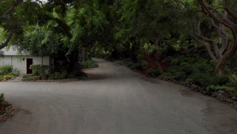 Fly-through-the-trees-over-covered-driveway-entrance-and-botanical-gardens-near-Malibu-horse-stables