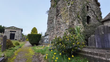 Alter-Irischer-Friedhof-An-Einem-Frühlingsmorgen-Mit-Burgruine-Und-Krippe