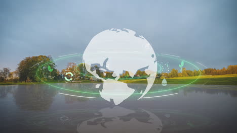 Zeitraffer-Der-Vier-Jahreszeiten-Einer-Weltkarte-Mit-Nachhaltigen-Symbolen,-Die-über-Einem-See-Rotieren