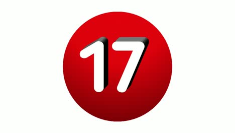 3D-Nummer-17,-Symbol-Für-Animations-Bewegungsgrafiken-Mit-Siebzehn-Zeichen-Auf-Roter-Kugel-Auf-Weißem-Hintergrund,-Cartoon-Videonummer-Für-Videoelemente