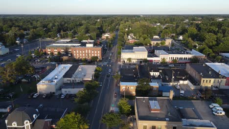 N-McEwan-Street-in-Clare,-Michigan,-USA---small-rural-downtown-on-golden-hour