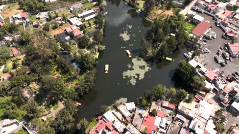 Xochimilco,-Trajineras-Segeln-Ruhig-Durch-Die-Lebhaften-Kanäle,-CDMX