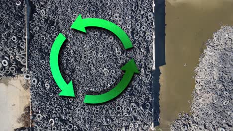 Dump-landfill-used-tires-aerial-top-down-recycling-logo-animation-,-pollution-concept