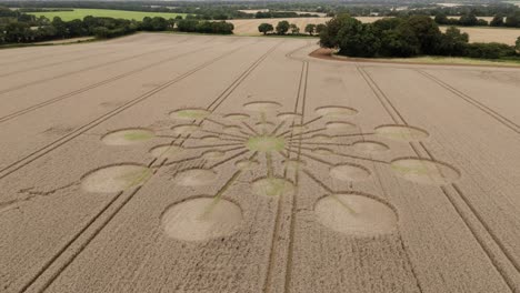 Andover-crop-circle-aerial-view-rising-over-molecular-starburst-circles-on-Hampshire-wheat-field-crops