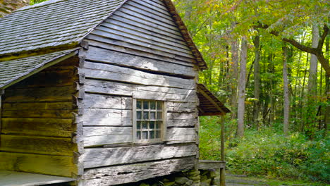 Dirty-window-on-an-old-log-cabin-in-the-forest-in-summer