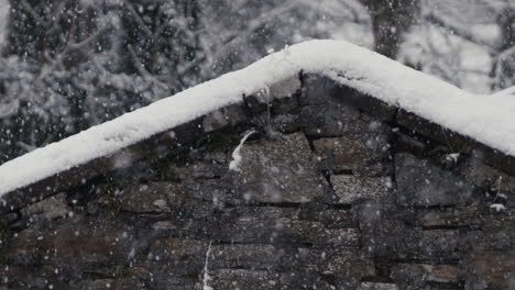 Snow-falling-in-front-of-stone-house-roof