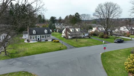 Leafless-trees-in-idyllic-american-residential-area-with-grass-in-front-yard-in-spring-season