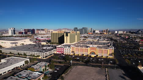 Drone-Shot-of-Las-Vegas-Nevada-USA-Cityscape-Skyline,-Strip-Buildings,-Casinos-and-Traffic