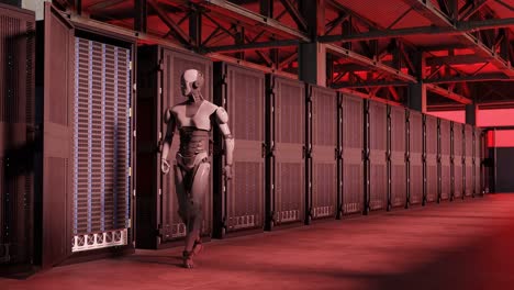 Cyborg-Humanoid-Im-Server-Internet,-Hightech-Alarmraum-Mit-Rotem-Alarm,-Konzept-Der-Geburt,-Künstliche-Intelligenz-übernimmt-In-3D-Rendering-Animation,-Cybersicherheit,-Krieg,-Datendiebstahl