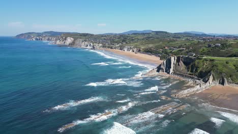 Costa-Verde-Coastline-in-Sopelana,-Basque-Country,-North-Spain---Aerial-4k