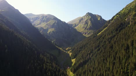 Sunlight-bathing-the-Valea-Rea-in-the-Fagaras-Mountains,-lush-greenery,-tranquil-morning