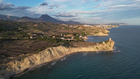 Villajoyosa-Coastline-in-Costa-Blanca,-Spain---Aerial-4k