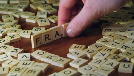 From-assorted-Scrabble-letter-tiles,-word-FRAUD-is-made-on-wood-table