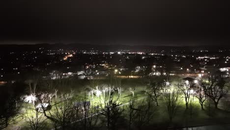 Drone-hover-near-green-city-park-at-night-with-car-driving-by