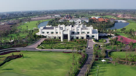 Aerial-Shot-of-Premium-Golf-Course-Resort-Clubhouse-in-Thailand