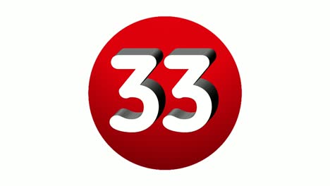 3d-Número-33-Treinta-Y-Tres-Símbolos-De-Animación-Icono-De-Gráficos-En-Movimiento-En-Esfera-Roja-Sobre-Fondo-Blanco,-Número-De-Vídeo-De-Dibujos-Animados-Para-Elementos-De-Vídeo