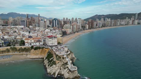 Benidorm-City,-Balcon-del-Mediterraneo-and-Skyline-at-Costa-Brava,-Spain---Aerial-4k