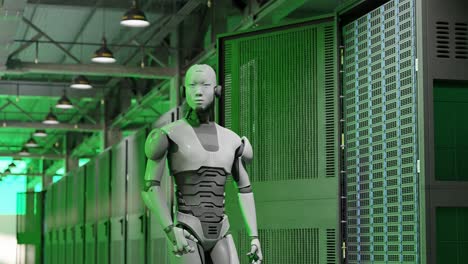Cyborg-Humanoid-Im-Server-Internet-Hi-Tech-Raum,-Konzept-Der-Geburt,-Künstliche-Intelligenz-übernimmt-In-3D-Rendering-Animation,-Cybersicherheitskrieg,-Grünes-Licht