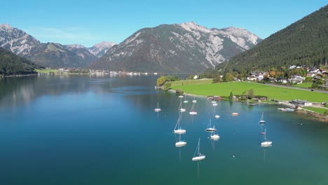 Lake-Achensee-in-Tyrol,-Austria---Aerial-4k