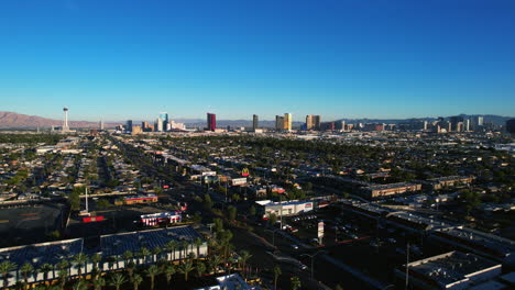 Las-Vegas-Cityscape-Skyline,-Establishing-Drone-Shot-From-West-Neighborhood