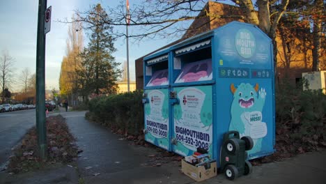 Big-Mouth-Bin-In-East-Vancouver,-Canada---Bin-For-Clothing-Donations
