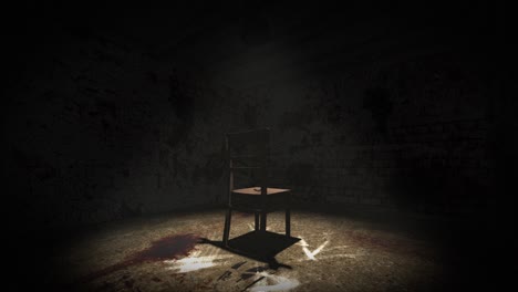 High-quality,-orbit-shot-of-a-sinister-interrogation-torture-chamber,-with-dark-creepy-grungy-walls,-blood-on-the-floor-and-a-single-chair-in-a-spotlight,-with-a-pair-of-bloody-pliers