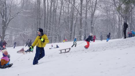 Niños-Divirtiéndose-En-El-Parque-Mientras-Nieva-En-El-Parque---Woluwe-saint-pierre,-Bélgica---Cámara-Lenta