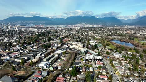 Vista-Panorámica-Del-Barrio-En-Victoria-Dr-Y-Kingsway-En-Vancouver,-Canadá---Disparo-De-Drone