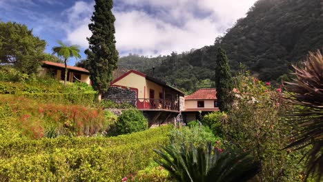 Tracking-shot-of-beautiful-cottage-on-Charming-Garden-Hotel-in-Madeira-Island