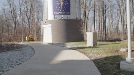 Indiana-Welcomes-You-on-the-side-of-a-grain-storage-unit-at-an-Indiana-state-rest-area-with-video-tilting-up