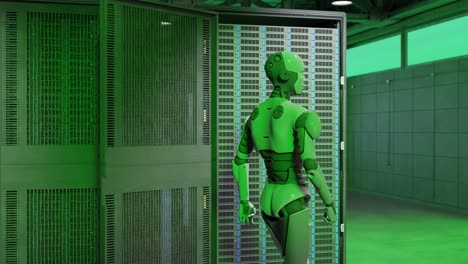 Cyborg-Humanoide-Moviéndose-Lentamente-En-El-Servidor-Internet-Alta-Tecnología-Sala-De-Alarma-Roja-Dando-A-Luz-Concepto-Inteligencia-Artificial-Asumiendo-El-Control-En-3d-Renderizado-Animación-Ciberseguridad-Guerra