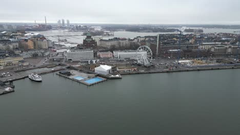 Aerial-footage-of-Helsinki-Cathedral-and-sea-bay-with-islands-in-background