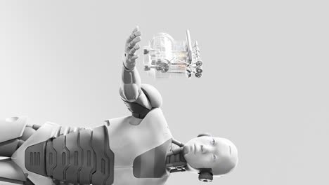 Cyborg-Humanoid-Roboter-Hält-Auf-Der-Handfläche-Einen-Neuen-Motor-Prototyp-Fest,-Der-Eine-Neue-Revolutionäre-Erfindung-In-Sachen-Saubere-Technologie-Entdeckt,-3D-Rendering-Animation-Vertikal
