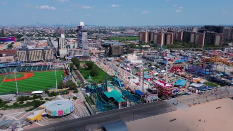 Flying-over-Coney-island-Brighton-Beach-and-iconic-thunderbolt-roller-coaster