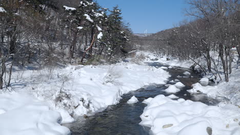 Gentle-stream-flowing-through-winter-landscape,-Daegwallyeong-Sky-Ranch,-Korea